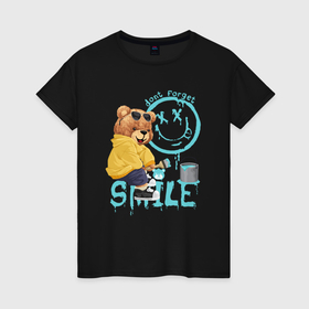 Женская футболка хлопок с принтом Плюшевый медведь и смайлик в Кировске, 100% хлопок | прямой крой, круглый вырез горловины, длина до линии бедер, слегка спущенное плечо | 
