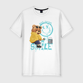 Мужская футболка хлопок Slim с принтом Плюшевый медведь и смайлик в Санкт-Петербурге, 92% хлопок, 8% лайкра | приталенный силуэт, круглый вырез ворота, длина до линии бедра, короткий рукав | 