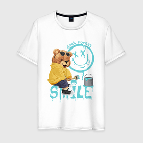 Мужская футболка хлопок с принтом Плюшевый медведь и смайлик в Новосибирске, 100% хлопок | прямой крой, круглый вырез горловины, длина до линии бедер, слегка спущенное плечо. | Тематика изображения на принте: 