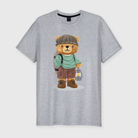 Мужская футболка хлопок Slim с принтом Плюшевый медведь в походе в Кировске, 92% хлопок, 8% лайкра | приталенный силуэт, круглый вырез ворота, длина до линии бедра, короткий рукав | 