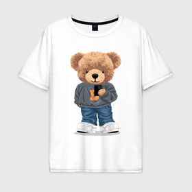 Мужская футболка хлопок Oversize с принтом Плюшевый медвежонок делает селфи , 100% хлопок | свободный крой, круглый ворот, “спинка” длиннее передней части | 