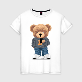 Женская футболка хлопок с принтом Плюшевый медвежонок делает селфи в Курске, 100% хлопок | прямой крой, круглый вырез горловины, длина до линии бедер, слегка спущенное плечо | 