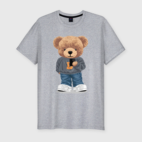 Мужская футболка хлопок Slim с принтом Плюшевый медвежонок делает селфи в Екатеринбурге, 92% хлопок, 8% лайкра | приталенный силуэт, круглый вырез ворота, длина до линии бедра, короткий рукав | 