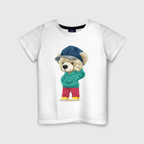 Детская футболка хлопок с принтом Плюшевый мишка приветствует в Новосибирске, 100% хлопок | круглый вырез горловины, полуприлегающий силуэт, длина до линии бедер | Тематика изображения на принте: 