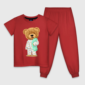 Детская пижама хлопок с принтом Плюшевый медвежонок сонный в Санкт-Петербурге, 100% хлопок |  брюки и футболка прямого кроя, без карманов, на брюках мягкая резинка на поясе и по низу штанин
 | 