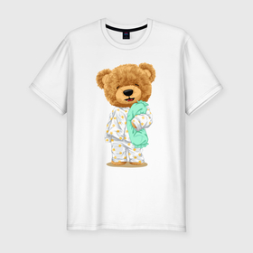 Мужская футболка хлопок Slim с принтом Плюшевый медвежонок сонный в Екатеринбурге, 92% хлопок, 8% лайкра | приталенный силуэт, круглый вырез ворота, длина до линии бедра, короткий рукав | 