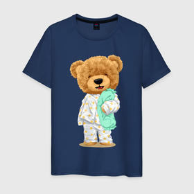 Мужская футболка хлопок с принтом Плюшевый медвежонок сонный в Новосибирске, 100% хлопок | прямой крой, круглый вырез горловины, длина до линии бедер, слегка спущенное плечо. | 