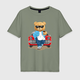 Мужская футболка хлопок Oversize с принтом Плюшевый медведь у автомобиля в Кировске, 100% хлопок | свободный крой, круглый ворот, “спинка” длиннее передней части | 