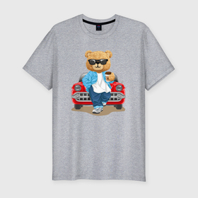 Мужская футболка хлопок Slim с принтом Плюшевый медведь у автомобиля в Кировске, 92% хлопок, 8% лайкра | приталенный силуэт, круглый вырез ворота, длина до линии бедра, короткий рукав | 
