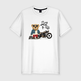 Мужская футболка хлопок Slim с принтом Плюшевый медвежонок с мотоциклом в Екатеринбурге, 92% хлопок, 8% лайкра | приталенный силуэт, круглый вырез ворота, длина до линии бедра, короткий рукав | 