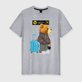 Мужская футболка хлопок Slim с принтом Плюшевый медведь путешественник в Екатеринбурге, 92% хлопок, 8% лайкра | приталенный силуэт, круглый вырез ворота, длина до линии бедра, короткий рукав | 