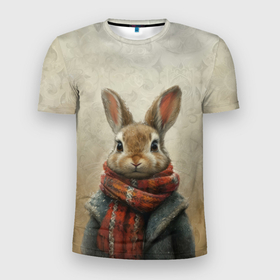 Мужская футболка 3D Slim с принтом Кролик в шарфе в Тюмени, 100% полиэстер с улучшенными характеристиками | приталенный силуэт, круглая горловина, широкие плечи, сужается к линии бедра | Тематика изображения на принте: 