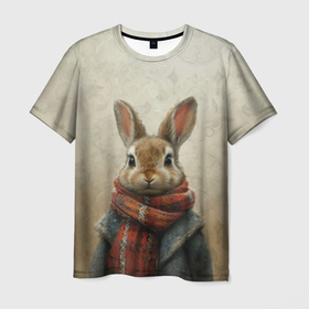 Мужская футболка 3D с принтом Кролик в шарфе в Тюмени, 100% полиэфир | прямой крой, круглый вырез горловины, длина до линии бедер | Тематика изображения на принте: 