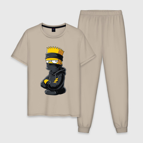 Мужская пижама хлопок с принтом Барт Симпсон в бандане в Кировске, 100% хлопок | брюки и футболка прямого кроя, без карманов, на брюках мягкая резинка на поясе и по низу штанин
 | 