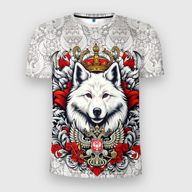 Мужская футболка 3D Slim с принтом Русский белый волк и герб России в Белгороде, 100% полиэстер с улучшенными характеристиками | приталенный силуэт, круглая горловина, широкие плечи, сужается к линии бедра | 