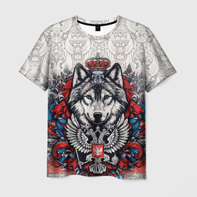 Мужская футболка 3D с принтом Белый волк и белый герб России в Белгороде, 100% полиэфир | прямой крой, круглый вырез горловины, длина до линии бедер | Тематика изображения на принте: 