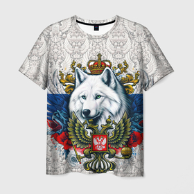 Мужская футболка 3D с принтом Белый русский волк и герб России в Кировске, 100% полиэфир | прямой крой, круглый вырез горловины, длина до линии бедер | Тематика изображения на принте: 