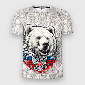 Мужская футболка 3D Slim с принтом Белый медведь и белый  герб России в Белгороде, 100% полиэстер с улучшенными характеристиками | приталенный силуэт, круглая горловина, широкие плечи, сужается к линии бедра | 