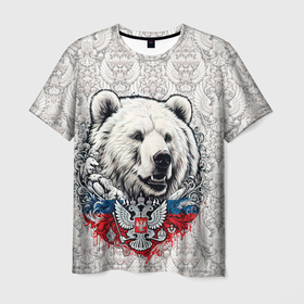 Мужская футболка 3D с принтом Белый медведь и белый  герб России в Петрозаводске, 100% полиэфир | прямой крой, круглый вырез горловины, длина до линии бедер | 