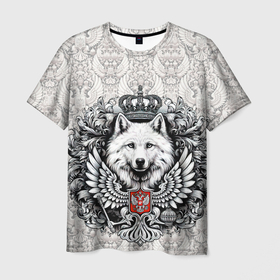 Мужская футболка 3D с принтом Волк белый герб России в Новосибирске, 100% полиэфир | прямой крой, круглый вырез горловины, длина до линии бедер | 