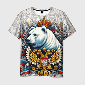 Мужская футболка 3D с принтом Белый медведь с короной , 100% полиэфир | прямой крой, круглый вырез горловины, длина до линии бедер | 