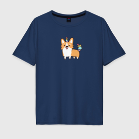 Мужская футболка хлопок Oversize с принтом Милая собачка корги единорог в Новосибирске, 100% хлопок | свободный крой, круглый ворот, “спинка” длиннее передней части | Тематика изображения на принте: 
