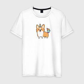 Мужская футболка хлопок с принтом Милая собачка корги единорог в Тюмени, 100% хлопок | прямой крой, круглый вырез горловины, длина до линии бедер, слегка спущенное плечо. | 