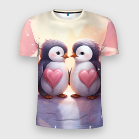Мужская футболка 3D Slim с принтом Два влюбленных пингвина в Белгороде, 100% полиэстер с улучшенными характеристиками | приталенный силуэт, круглая горловина, широкие плечи, сужается к линии бедра | 