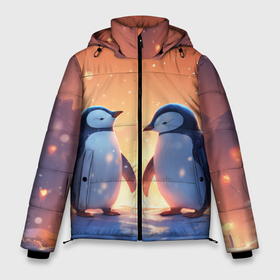 Мужская зимняя куртка 3D с принтом Романтичная пара пингвинов в Новосибирске, верх — 100% полиэстер; подкладка — 100% полиэстер; утеплитель — 100% полиэстер | длина ниже бедра, свободный силуэт Оверсайз. Есть воротник-стойка, отстегивающийся капюшон и ветрозащитная планка. 

Боковые карманы с листочкой на кнопках и внутренний карман на молнии. | Тематика изображения на принте: 