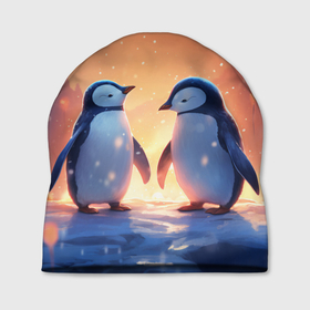 Шапка 3D с принтом Романтичная пара пингвинов в Новосибирске, 100% полиэстер | универсальный размер, печать по всей поверхности изделия | Тематика изображения на принте: 