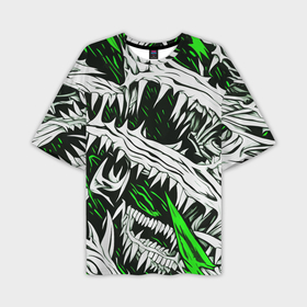 Мужская футболка oversize 3D с принтом Белые шипы и зелёные полосы на чёрном фоне в Кировске,  |  | 