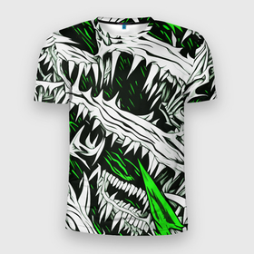 Мужская футболка 3D Slim с принтом Белые шипы и зелёные полосы на чёрном фоне в Кировске, 100% полиэстер с улучшенными характеристиками | приталенный силуэт, круглая горловина, широкие плечи, сужается к линии бедра | 