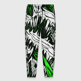 Мужские брюки 3D с принтом Белые шипы и зелёные полосы на чёрном фоне в Кировске, 100% полиэстер | манжеты по низу, эластичный пояс регулируется шнурком, по бокам два кармана без застежек, внутренняя часть кармана из мелкой сетки | 