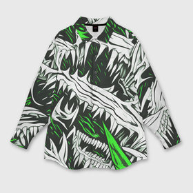 Мужская рубашка oversize 3D с принтом Белые шипы и зелёные полосы на чёрном фоне в Кировске,  |  | 