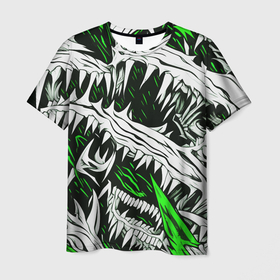 Мужская футболка 3D с принтом Белые шипы и зелёные полосы на чёрном фоне в Санкт-Петербурге, 100% полиэфир | прямой крой, круглый вырез горловины, длина до линии бедер | 