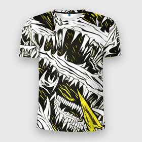 Мужская футболка 3D Slim с принтом Белые шипы и жёлтые полосы на чёрном фоне в Петрозаводске, 100% полиэстер с улучшенными характеристиками | приталенный силуэт, круглая горловина, широкие плечи, сужается к линии бедра | 