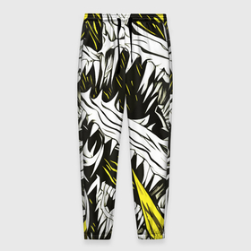 Мужские брюки 3D с принтом Белые шипы и жёлтые полосы на чёрном фоне в Санкт-Петербурге, 100% полиэстер | манжеты по низу, эластичный пояс регулируется шнурком, по бокам два кармана без застежек, внутренняя часть кармана из мелкой сетки | Тематика изображения на принте: 