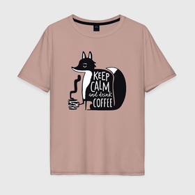 Мужская футболка хлопок Oversize с принтом Лисичка с кофе в Санкт-Петербурге, 100% хлопок | свободный крой, круглый ворот, “спинка” длиннее передней части | 