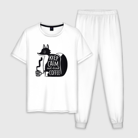 Мужская пижама хлопок с принтом Лисичка с кофе в Санкт-Петербурге, 100% хлопок | брюки и футболка прямого кроя, без карманов, на брюках мягкая резинка на поясе и по низу штанин
 | 