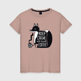 Женская футболка хлопок с принтом Лисичка с кофе в Тюмени, 100% хлопок | прямой крой, круглый вырез горловины, длина до линии бедер, слегка спущенное плечо | 