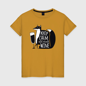 Женская футболка хлопок с принтом Лисичка с вином в Тюмени, 100% хлопок | прямой крой, круглый вырез горловины, длина до линии бедер, слегка спущенное плечо | 