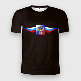 Мужская футболка 3D Slim с принтом Герб России с ленточками в Белгороде, 100% полиэстер с улучшенными характеристиками | приталенный силуэт, круглая горловина, широкие плечи, сужается к линии бедра | 
