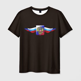 Мужская футболка 3D с принтом Герб России с ленточками в Белгороде, 100% полиэфир | прямой крой, круглый вырез горловины, длина до линии бедер | Тематика изображения на принте: 