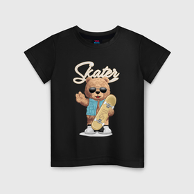 Детская футболка хлопок с принтом Плюшевый медведь скейтер , 100% хлопок | круглый вырез горловины, полуприлегающий силуэт, длина до линии бедер | 