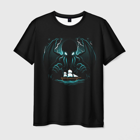 Мужская футболка 3D с принтом Ктулху и корабль , 100% полиэфир | прямой крой, круглый вырез горловины, длина до линии бедер | 