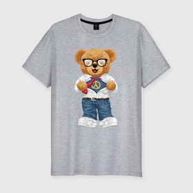 Мужская футболка хлопок Slim с принтом Плюшевый медведь супергерой в Екатеринбурге, 92% хлопок, 8% лайкра | приталенный силуэт, круглый вырез ворота, длина до линии бедра, короткий рукав | 