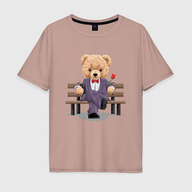 Мужская футболка хлопок Oversize с принтом Плюшевый медвежонок на свидании в Екатеринбурге, 100% хлопок | свободный крой, круглый ворот, “спинка” длиннее передней части | Тематика изображения на принте: 