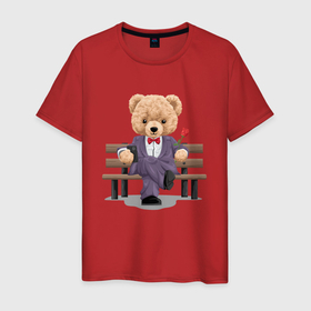 Мужская футболка хлопок с принтом Плюшевый медвежонок на свидании в Тюмени, 100% хлопок | прямой крой, круглый вырез горловины, длина до линии бедер, слегка спущенное плечо. | 