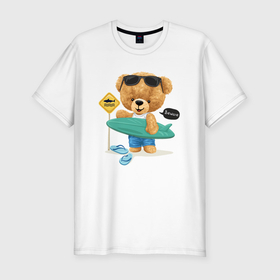 Мужская футболка хлопок Slim с принтом Плюшевый медведь серфер в Екатеринбурге, 92% хлопок, 8% лайкра | приталенный силуэт, круглый вырез ворота, длина до линии бедра, короткий рукав | 
