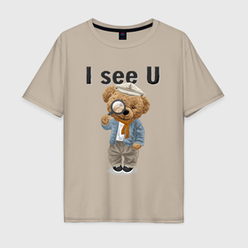 Мужская футболка хлопок Oversize с принтом Плюшевый медведь с лупой в Новосибирске, 100% хлопок | свободный крой, круглый ворот, “спинка” длиннее передней части | Тематика изображения на принте: 